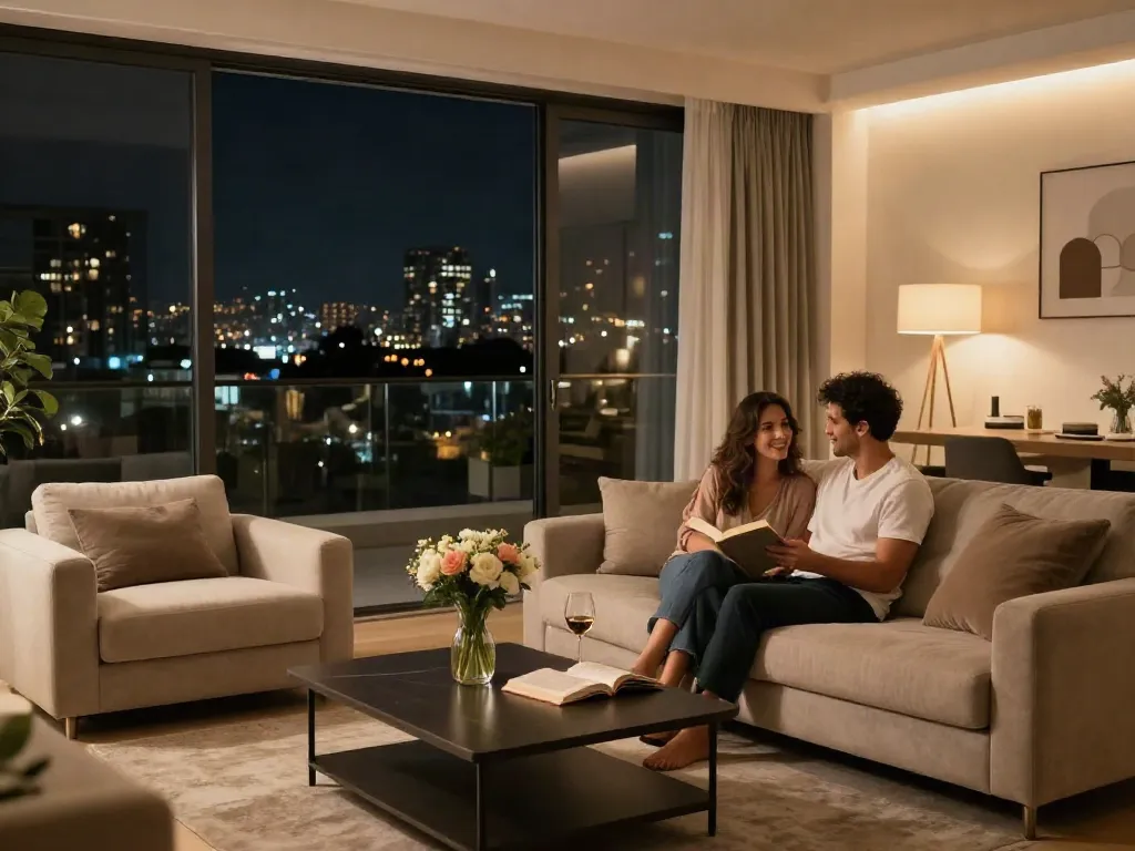 Cozy modern living space representing דירות דיסקרטיות ברמת גן for intimate evenings.
