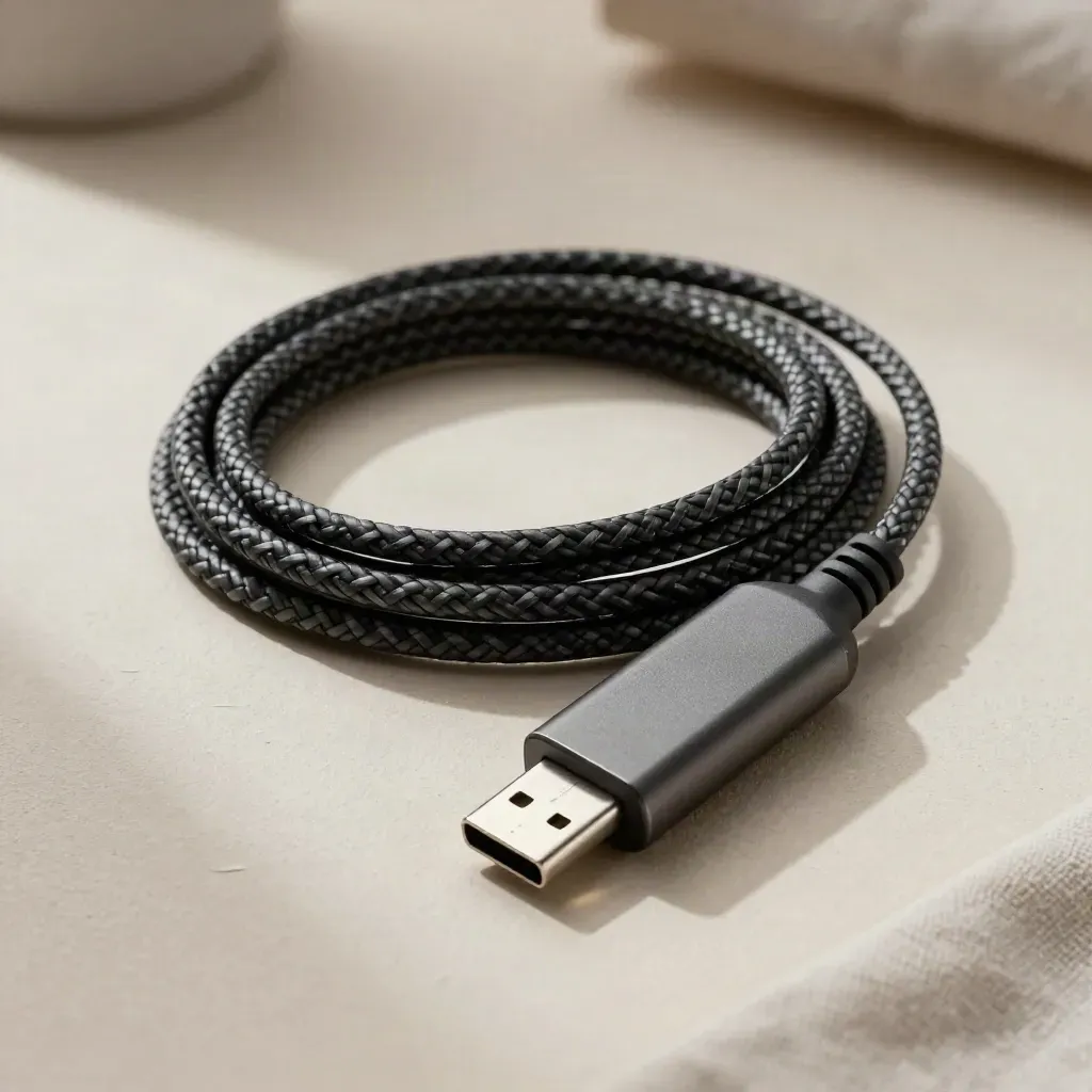 Cavo USB-C grigio intrecciato con hub e tappo in gomma su superficie chiara.