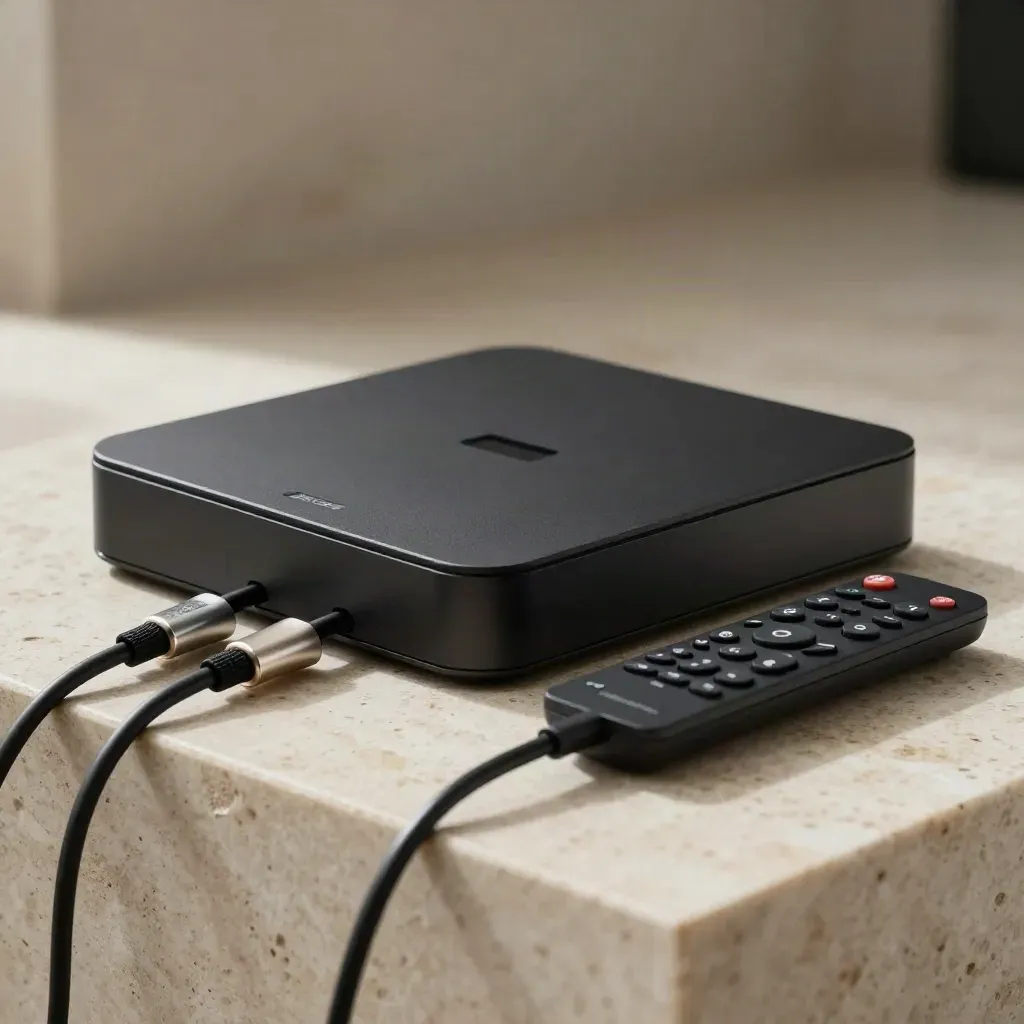 Box TV 4K nero opaco con telecomando e due cavi su travertino, luce radente